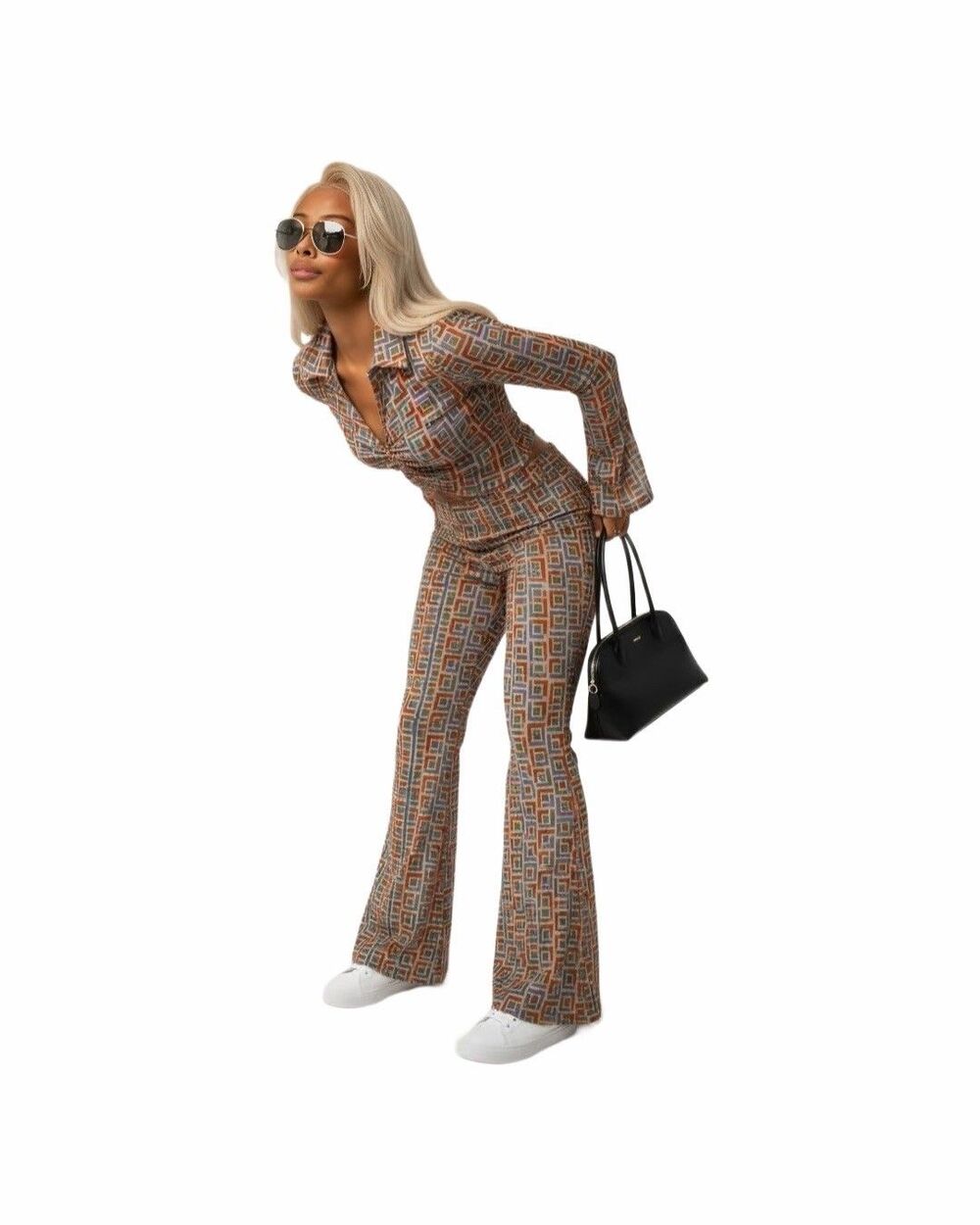 Madrag geometric mesh ruched long sleeve top & flared pants set S